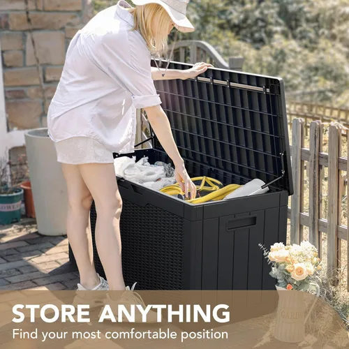 Vista 7 de Devoko Caja grande de resina impermeable de 100 galones para interiores y exteriores, contenedor de almacenamiento con cerradura para muebles