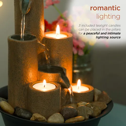 Vista 17 de Alpine Corporation WCT202 Fuente de agua escalonada de mesa interior con 3 velas para escritorio y mesa, 11 pulgadas, marrón