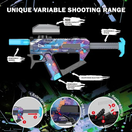 Vista 4 de Pistola eléctrica de bolas de gel, Blaster automático de bolas salpicadoras con potencia de disparo ajustable, 10,000 rondas de gel, tolva de 400