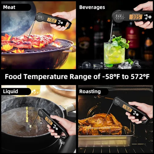 Vista 7 de Termómetro de carne impermeable para alimentos con retroiluminación y calibración para cocina, parrilla al aire libre y barbacoa (negro)