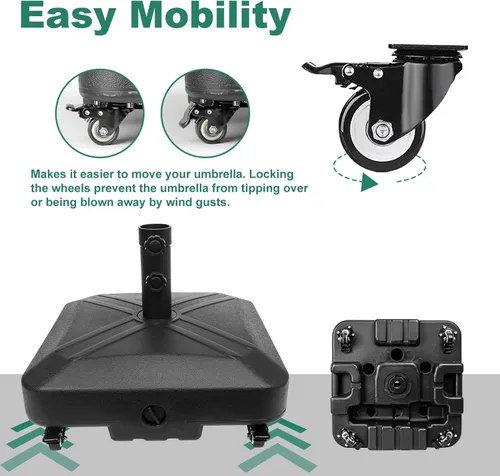 Vista 3 de DZ4733 MS - Base de sombrilla de patio resistente con ruedas, soporte cuadrado de mercado para exteriores, 4 cerraduras, 1 perilla, capacidad de 125