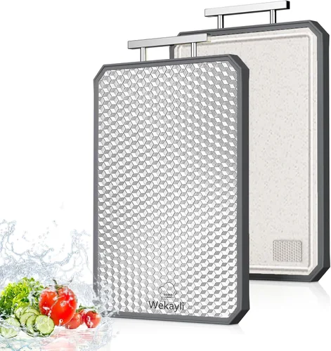 Vista 10 de Weakyli Tabla de cortar de acero inoxidable para cocina, tabla de cortar 2 en 1 de doble cara, acero inoxidable de grado alimenticio, PP, fácil