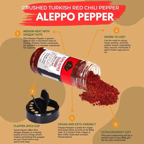 Vista 3 de Cerez Pazari Alepo Pepper Calor moderado 5.29 oz - 150 gr Chile rojo turco triturado - copos de chile Aleppo, Chile Maras Pimienta Halaby