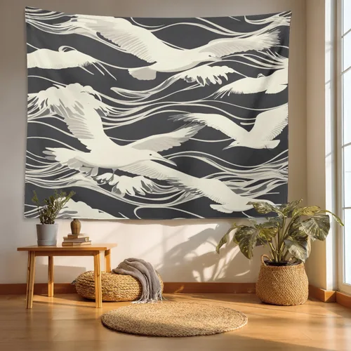 Vista 32 de Batmerry Maritime Ocean Tapestry, Anchors Wave Nautical Wall Art Hanging Decoration Polyester Fiber White Ruffled Around For Dorm Room Bedroom