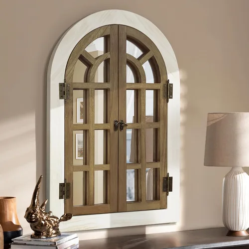 Vista 11 de Dorlicecass Espejo de pared arqueado, espejos de ventana para decoración de pared, marco de madera, decoración de granja decorativa para dormitorio