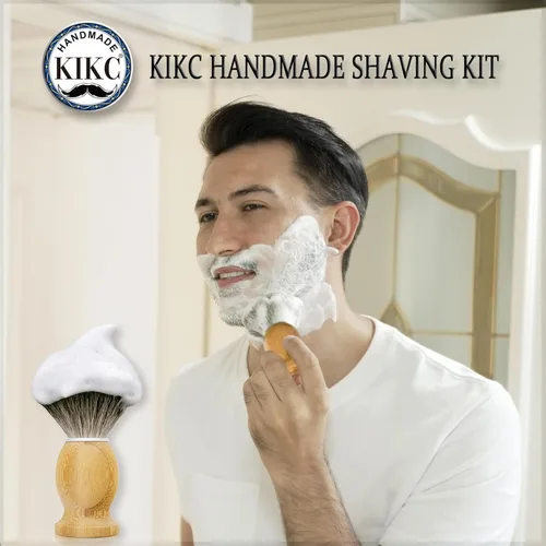 Vista 5 de KIKC Cepillo de afeitar de tejón puro hecho a mano para afeitado húmedo, mango de bambú cómodo, cerdas suaves, el mejor regalo para hombre barbudo