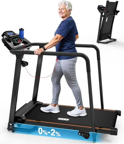 Redliro Walking Treadmill with Long Handrails – Treadmill for Seniors 300 lbs Capacity – Foldable, Lightweight with Wheels, Cup & Phone Holder –