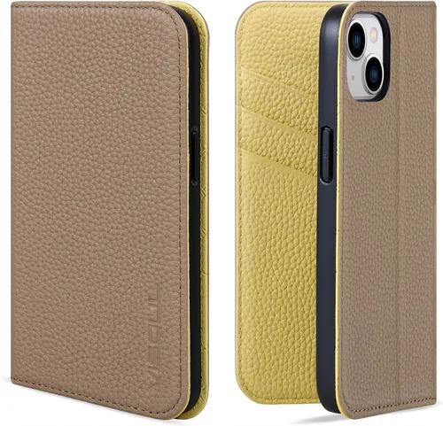Vista 12 de VISOUL Funda tipo cartera de piel auténtica para iPhone 14, con tapa magnética, con tarjetero y función atril, compatible con iPhone 14