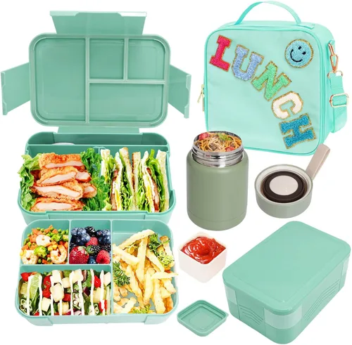 Vista 12 de Bolsa de almuerzo aislada para niños y niñas con termo de 10 onzas, con caja Bento de 6 compartimentos, lonchera de nailon negro preppy con correa