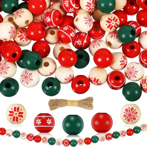 Vista 8 de Jetec 120 piezas de cuentas de madera para Navidad de 0.6 pulgadas, cuentas de madera con diseño de copo de nieve en negro y plateado