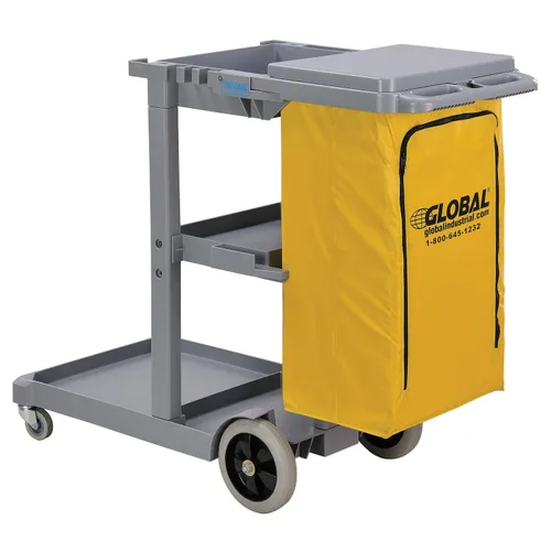 Global Industrial Carrito de conserje gris con bolsa de vinilo de 25 galones