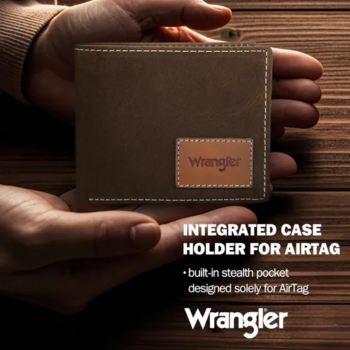 Vista 3 de Wrangler Billetera para hombre con soporte AirTag, billetera de cuero genuino con bloqueo RFID plegable, Casual