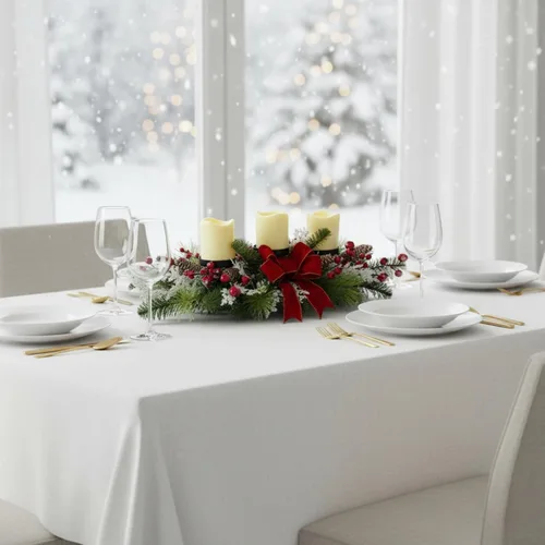 Vista 7 de Portavelas de Navidad, decoración de Navidad, 3 portavelas con cono de pino flocado de nieve, bayas rojas y lazo rojo para centro de mesa