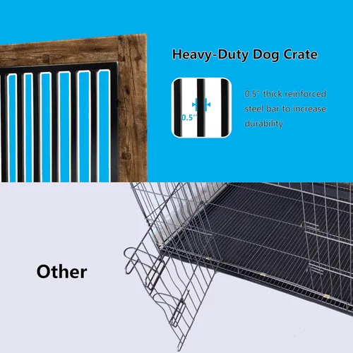 Vista 5 de yookare Jaula para perros con muebles de color marrón rústico, jaula de madera y metal, mesa auxiliar de casa para mascotas con cajón y diseño