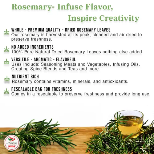 Vista 4 de Hojas de Romero Secas, 3 oz. Hierbas y Especias Premium Completamente Naturales para Carne, Pescado, Aceites, Salsas, Té. Frescas de Granja, Sabor