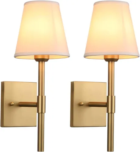 Vista 10 de Pathson Juego de 2 apliques de pared de baño cableados con pantalla de tela blanca, iluminación de pared de tela para sala de estar, dormitorio Negro