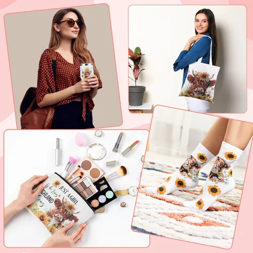 Vista 5 de Aliceset Juego de 66 piezas de regalo de vaca de las tierras altas para mujer, incluye bolsa con estampado de vaca de las tierras altas, bolsa