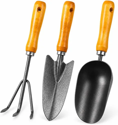 Kit de herramientas de jardinería 3 en 1, herramientas de mano de jardín de acero al carbono de alta calidad con mango de madera ergonómico, incluye