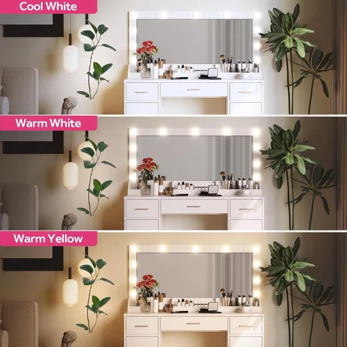 Vista 5 de MIRROTOWEL Escritorio de tocador de 47.5 pulgadas con espejo grande, 3 modos de iluminación de color, brillo ajustable, cómoda con 3 cajones y 2