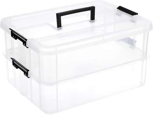 JUXYES Caja de Almacenamiento Apilable de 2 Niveles con Asa, Contenedor de Almacenamiento Apilable Transparente con Tapa y Asa con Cierre para