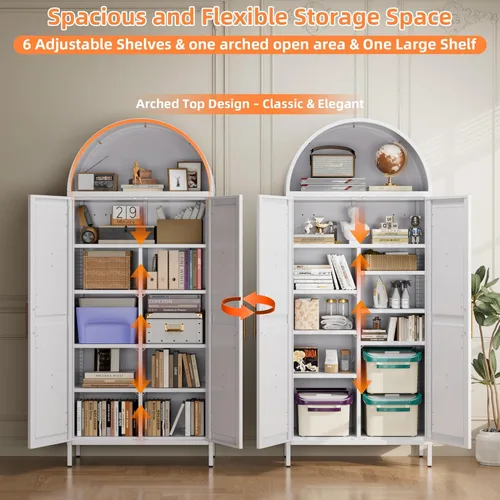 Vista 6 de Armario de despensa de cocina arqueado con 6 estantes ajustables, gabinete arqueado de metal blanco con 2 puertas para cocina, sala de estar