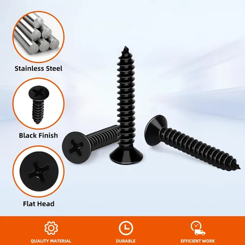 Vista 4 de MewuDecor Tornillo de madera de cabeza plana #4 x 1, tornillos de chapa, acero inoxidable 18-8 (304), acabado negro, 100