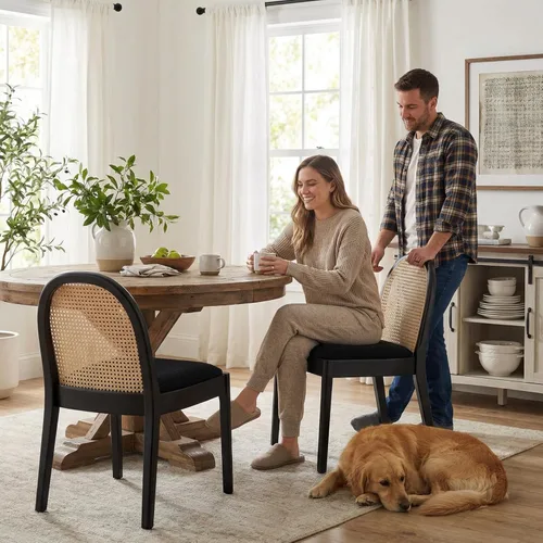 Vista 13 de DUOMAY Mid-Century - Juego de 2 sillas de comedor de ratán modernas, sillas de comedor de madera con respaldo de caña y asiento acolchado, silla