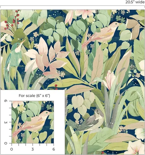 Vista 9 de NextWall Papel tapiz para despegar y pegar de pájaros florecientes (helecho y azul mezclilla)