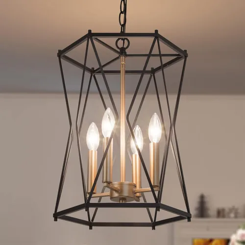 Durent Lighting Lámpara de araña negra y dorada, moderna lámpara de araña de 4 luces con forma de jaula para comedor, dormitorio, sala de estar,