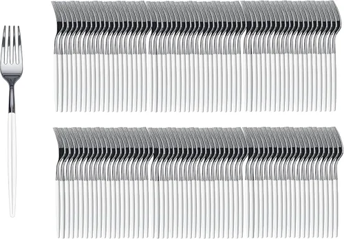 Vista 13 de Trendables Paquete de 120 tenedores de plástico resistente de dos tonos, impresionante tenedor de plástico desechable de doble color negro y dorado