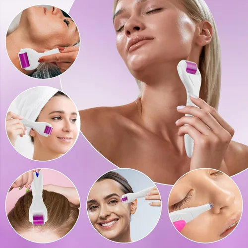 Vista 4 de Derma Roller para cabello y barba, kit de rodillos de microagujas 6 en 1 con 5 cabezales reemplazables, rodillo de microagujas para cuero cabelludo