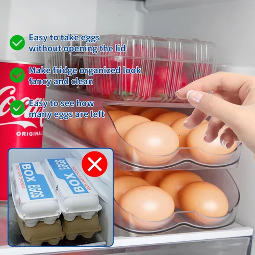 Vista 3 de MesRosa Organizador de Huevos para Nevera, Organizador de Huevos Automático con Rodillos para Refrigerador, Contenedor y Bandeja de Huevos
