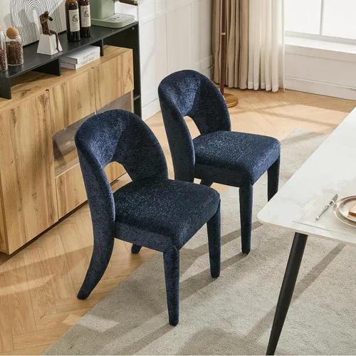 Set of 2 Dining Chairs with Hollowed-Out Backrest, Chenille Upholstered Desk Chair and Table & Chair Sets for Kitchen and Dining Room,Blue