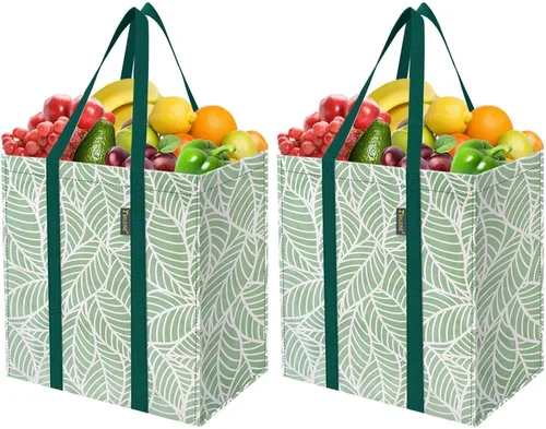 BALEINE 2 PK Grocery Bags Reusable Shopping Bags with Reinforced Bottom, Heavy Duty Foldable Tote Bags (Antique Folidage)