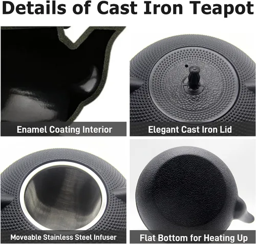 Vista 5 de Big Cast Iron Teapot, Japanese Tetsubin Tea Kettle for Stovetop Safe, Cast Iron Tea Pot with Stainless Steel Infuser for Loose Tea and Enameled