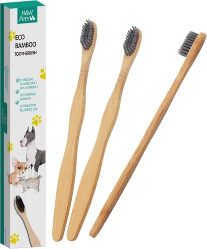 H&H Pets Juego de cepillos de dientes de bambú para perros y gatos, cerdas ultrasuaves y cepillo de dientes de madera biodegradable, suministros