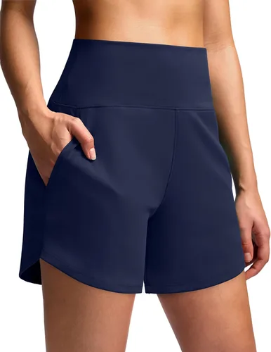 Vista 19 de Soothfeel Pantalones cortos deportivos de cintura alta para mujer, 3.5 pulgadas, control de abdomen, cómodos, para entrenamiento, gimnasio