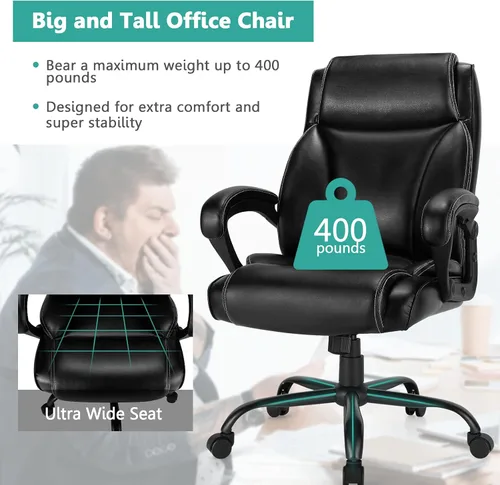 Vista 4 de Giantex Silla ejecutiva de cuero con respaldo alto de 400 libras, silla ejecutiva ergonómica de asiento ancho grande giratorio para computadora
