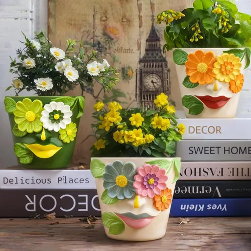 Vista 5 de GUGUGO - Maceta con drenaje y diseño de cara abstracta con colores arcoíris para plantas de interior y exterior, decoración divertida