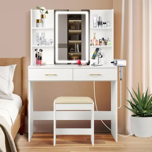 Vista 3 de QUALIKRAFT Escritorio de maquillaje iluminado con toma de corriente y taburete, tocador blanco con espejo LED, con cajones, 6 estantes