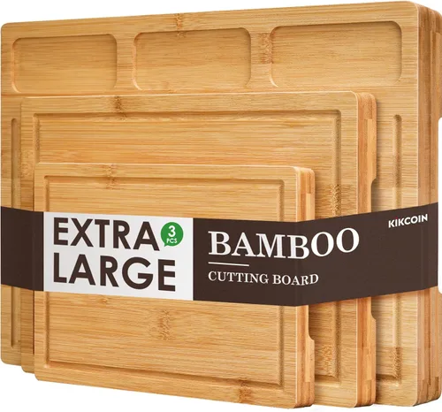 Tabla de cortar de bambú para cocina, (juego de 3) tabla de cortar de cocina con 3 compartimentos integrados y ranura para jugos, bandeja de