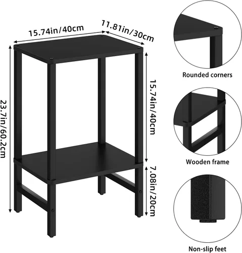 Vista 3 de YUFAM Mesa auxiliar alta de noche de 2 niveles para sala de estar, dormitorio, baño, muebles de oficina, color negro