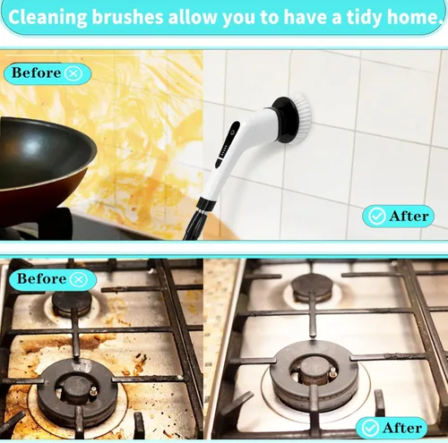 Vista 5 de Limpiador eléctrico giratorio, limpiador de ducha inalámbrico para limpieza con 7 cabezales de cepillo de limpieza multiusos, limpiador de baño