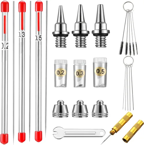 Kit de 21 Piezas de Tapas de Boquilla de Aerógrafo, Piezas de Reemplazo de Agujas de Aerógrafo con Llave y Kit de Limpieza de Aerógrafo, Pieza de