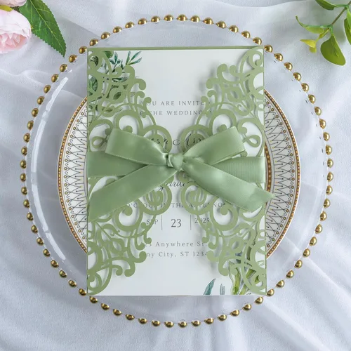 Vista 18 de ponatia 25 tarjetas de invitaciones de boda de 5.12 x 7.1 pulgadas con purpurina plateada cortadas con láser con sobres para tarjetas de invitación