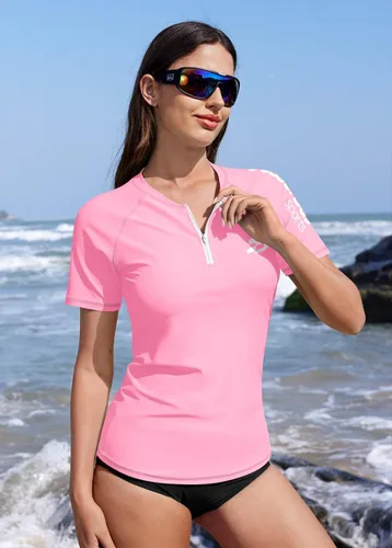 Vista 10 de BesserBay Women’s Rash Guard Shirt UPF 50+ Half Zip Short Sleeve Quick Dry Swim Shirt Swimsuit Tops