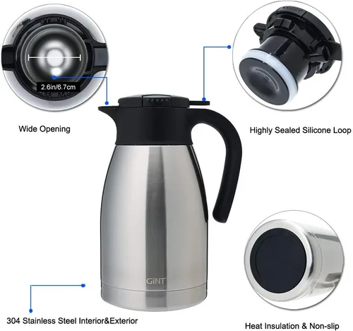 Vista 3 de GiNT Paquete de 2 jarras térmicas de café de 51 onzas, de acero inoxidable, de doble pared, aisladas al vacío, para mantener el calor durante 12
