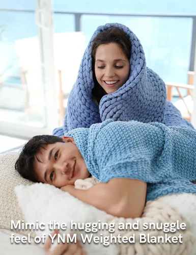 Vista 3 de YnM Manta de Punto Grueso de Algodón, Mantas de Punto Trenzado para Cama, Sofá, Sillón, Cómoda y Relajante, Pieza Decorativa para Casa de Campo Azul