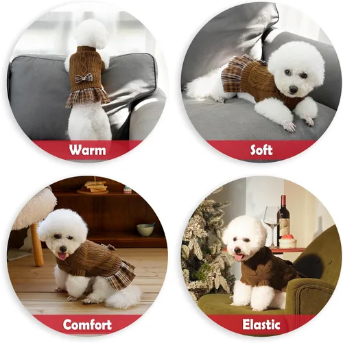 Vista 6 de WOYYHO Vestido de suéter para perrita con corbatín, cuello alto, pequeño, con hueco para correa, suéteres de punto para perritas, ropa de invierno