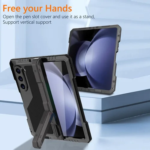 Vista 6 de Funda de metal para Samsung Galaxy Z Fold 5 con soporte para bolígrafo Fold5 S, resistente funda protectora de pantalla Z Fold 5, protector